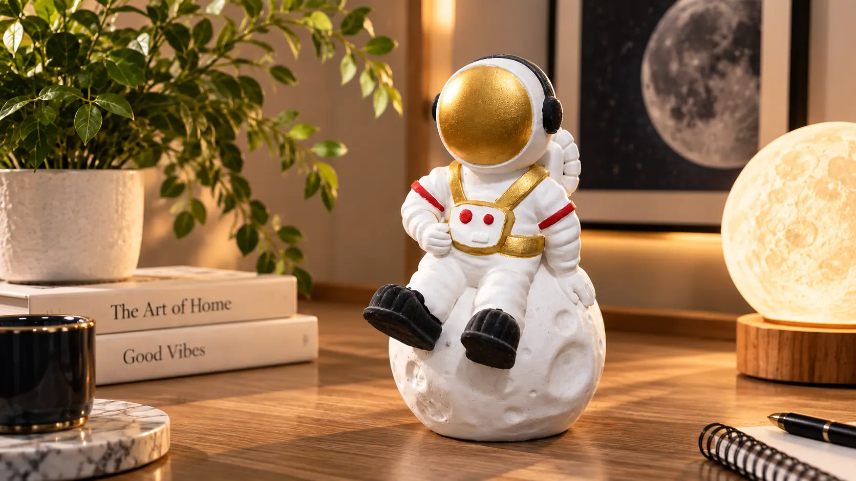 Sıcak bir iç mekânda yapay zekâ ile düzenlenmiş astronot